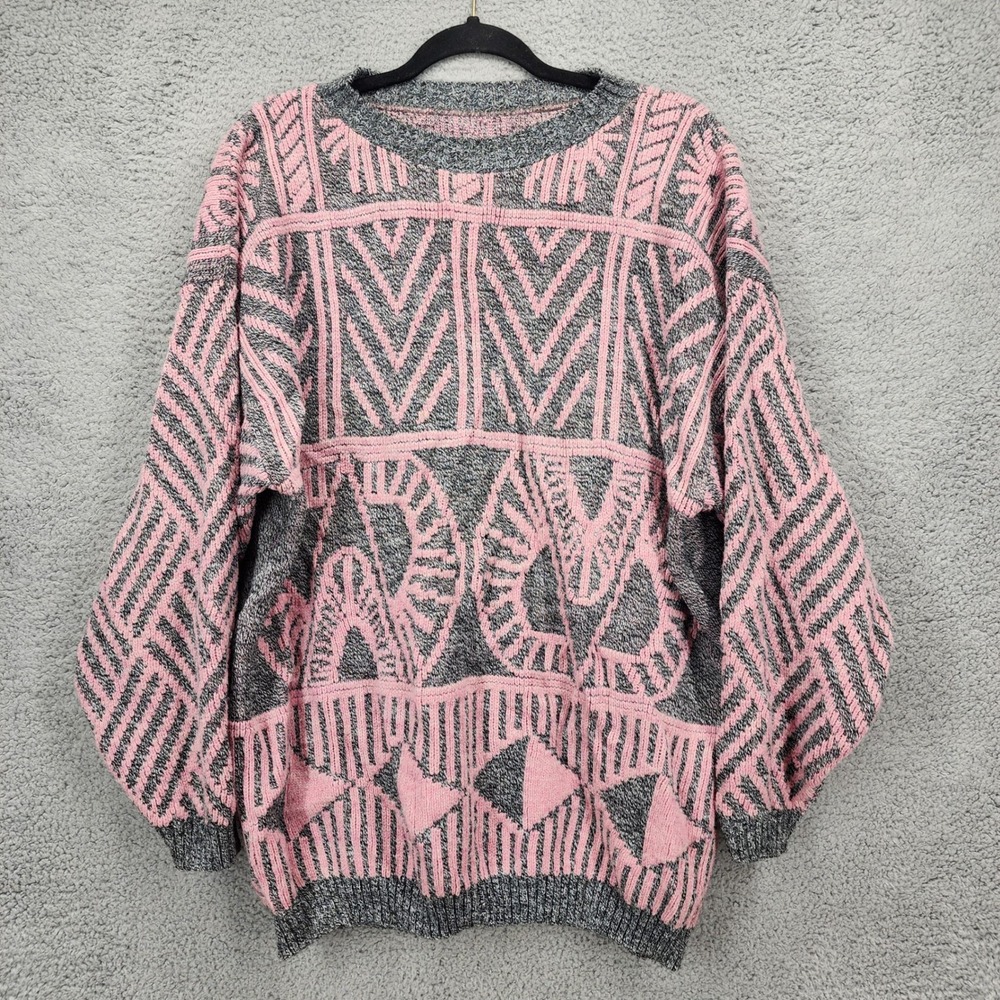 Vtg 80sâ Pink Grey Geometric Abstract Knit Sweater Oversized Crewneck Pullover